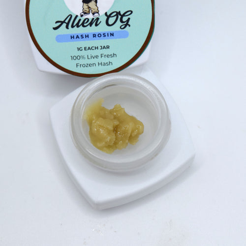 Alien OG S-Tier fresh frozen hash rosin featuring creamy off-white cold cure with a glossy terpene-rich finish and classic OG profile.