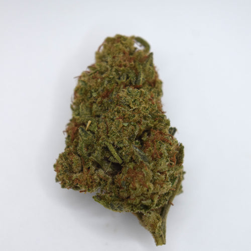 A dried cannabis bud with green and orange-brown tones, covered in fine trichome crystals, photographed on a plain white background.