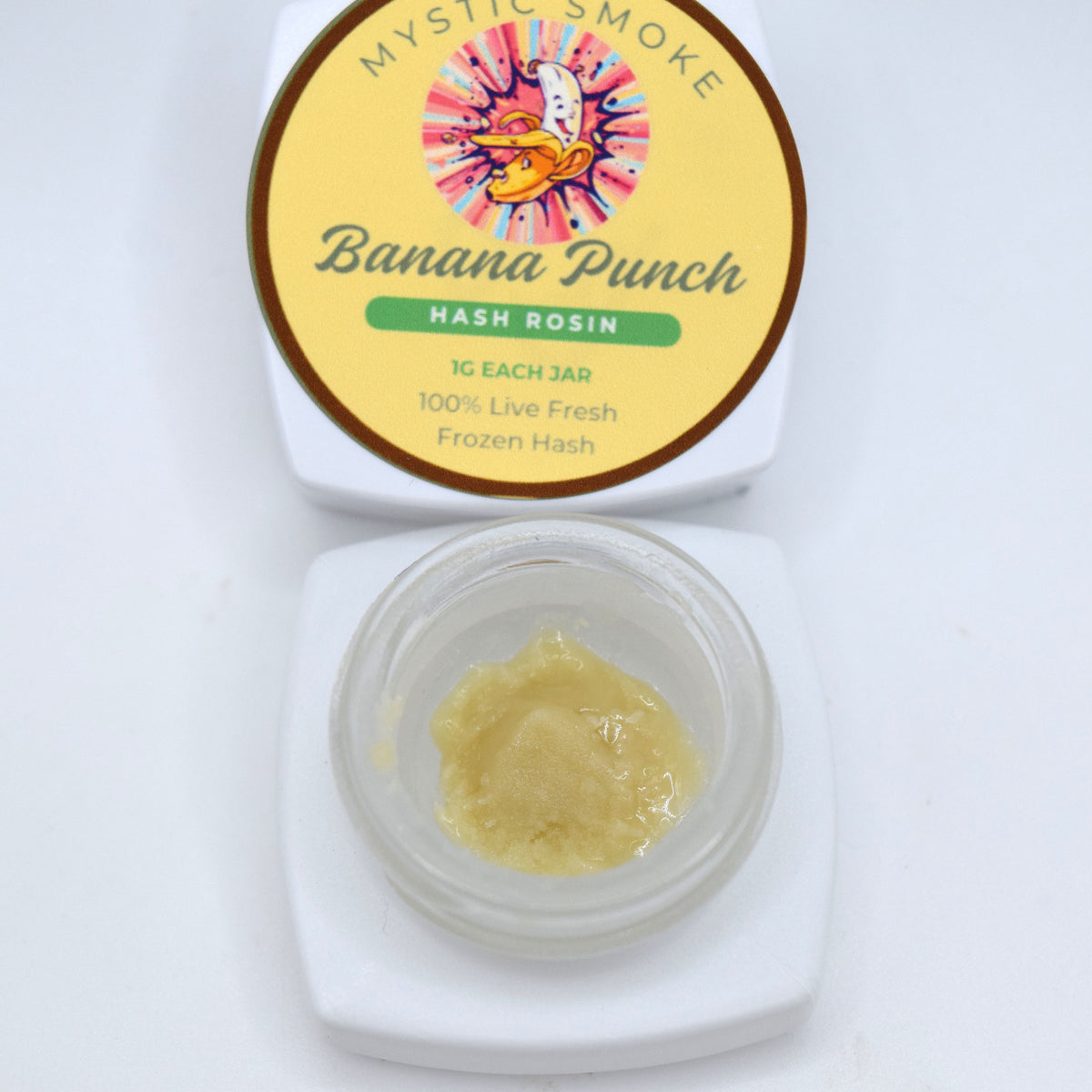 Banana Punch S-Tier fresh frozen hash rosin featuring a pale creamy cold cure with a glossy terpene-rich sheen.