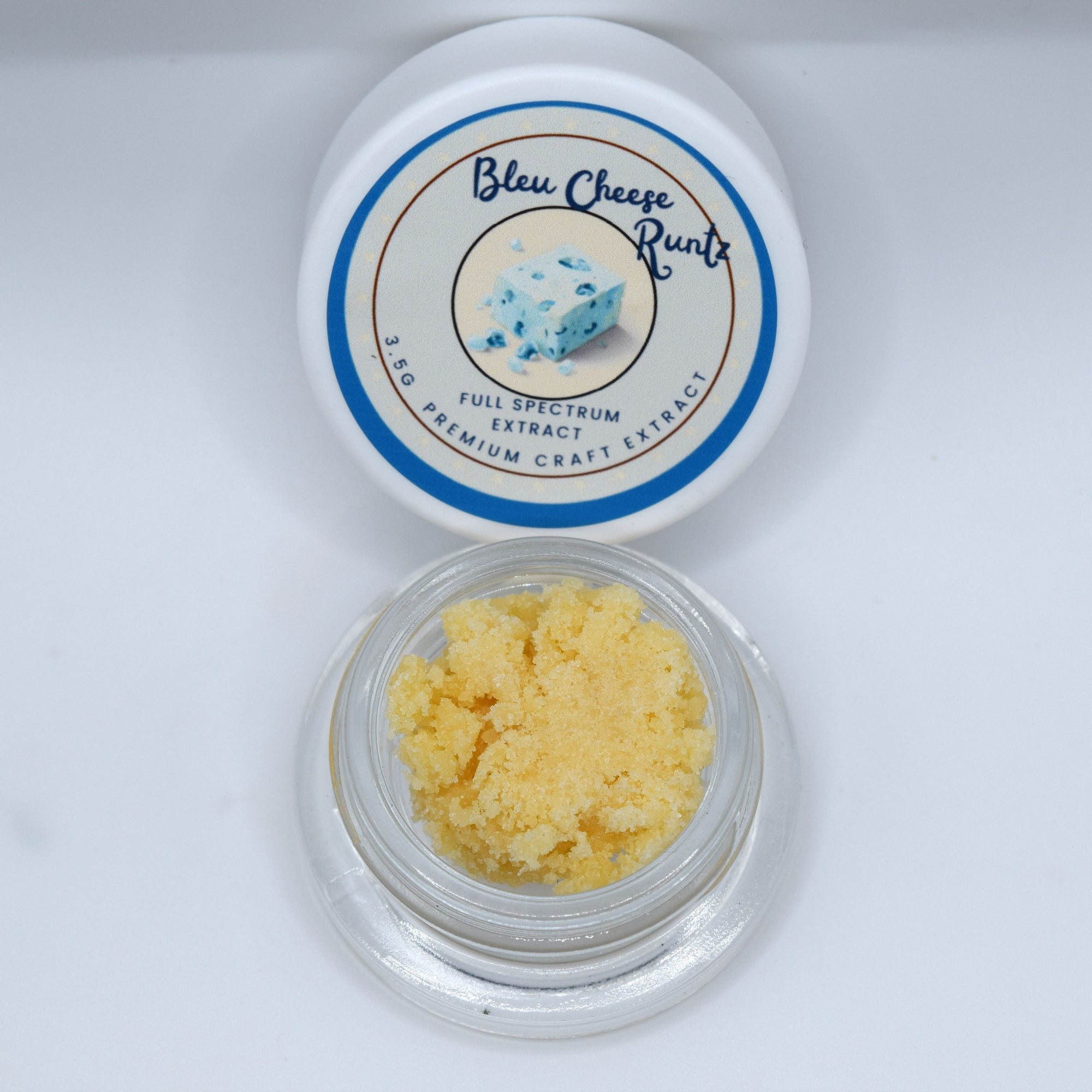 Bleu Cheese Runtz full spectrum crumble with golden extract texture and sweet berry cheese funk aroma profile.