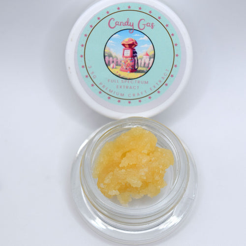 Candy Gas Full Spectrum THCa Extract with golden amber concentrate texture and sweet candy fuel aroma profile.