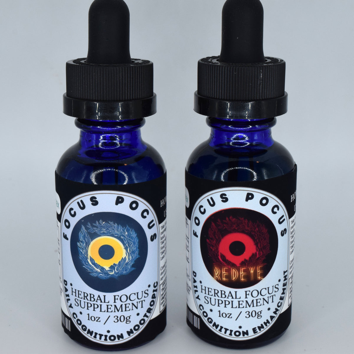 Focus Pocus and Red Eye 1 oz THCV tinctures with organic coconut MCT oil, sunflower lecithin, and functional THCV, CBG, and CBC cannabinoid blends.
