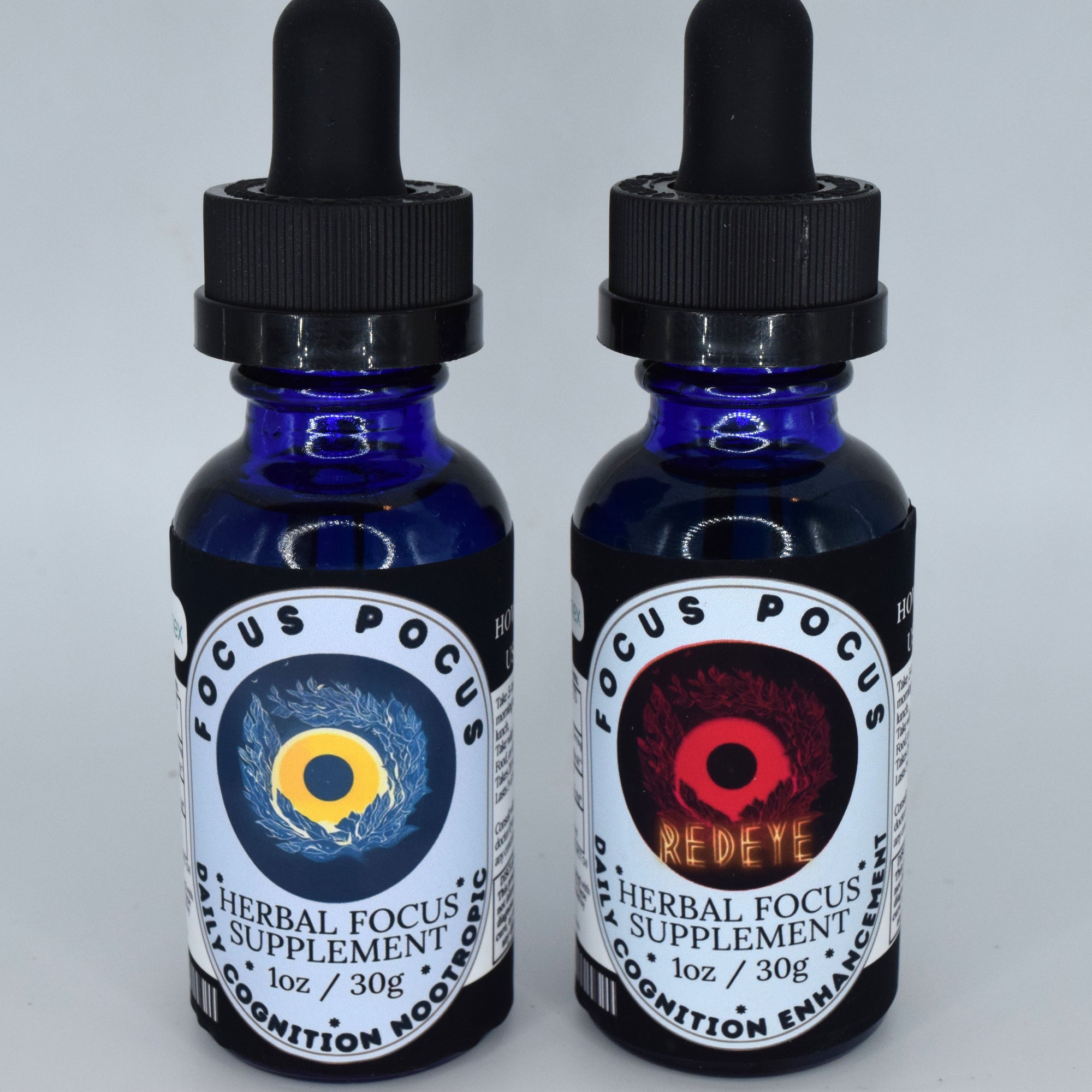 Focus Pocus and Red Eye 1 oz THCV tinctures with organic coconut MCT oil, sunflower lecithin, and functional THCV, CBG, and CBC cannabinoid blends.