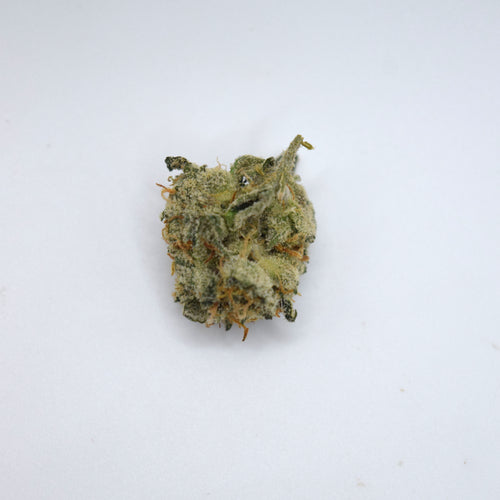 A single dried cannabis bud with green and yellowish-green tones, covered in white trichomes and small orange pistils, centered on a plain white background.