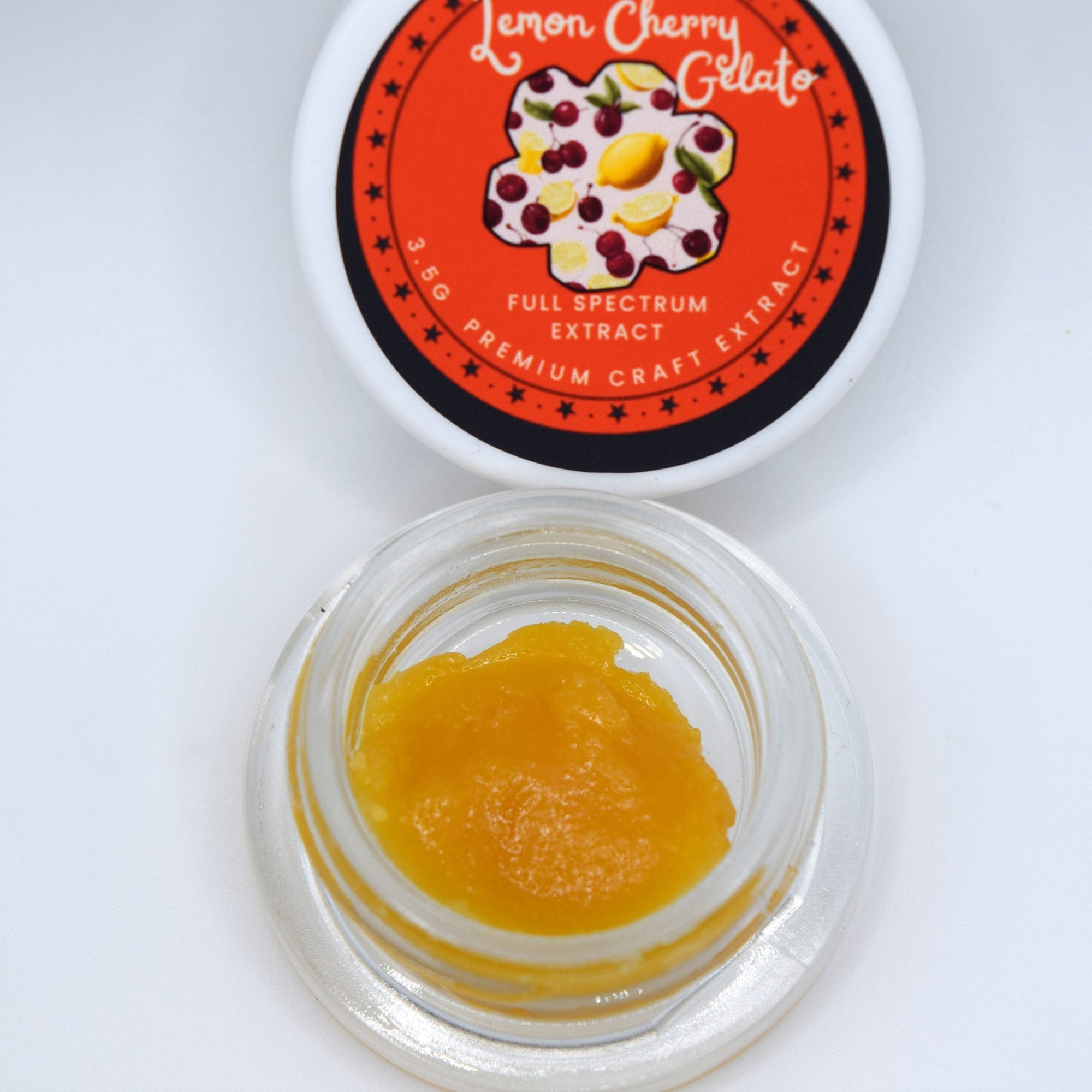 LCG Lemon Cherry Gelato THCa full spectrum badder with golden whipped texture and sweet lemon cherry gelato aroma profile.