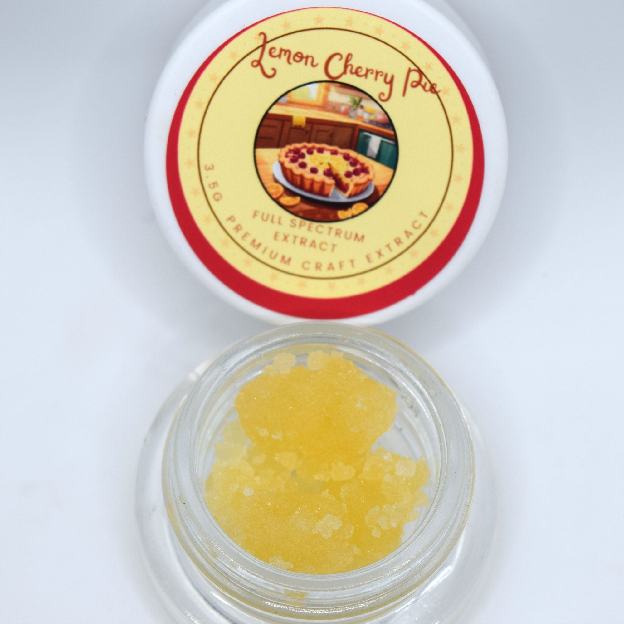 Lemon Cherry Pie THCa live resin with golden terpene-rich extract and lemon cherry dessert aroma profile.