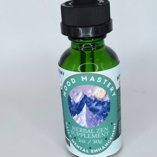 A small green glass bottle with a black ribbed cap and a white label reading 'Wood Mastery Herbal Zen Supplement' on a plain light background.