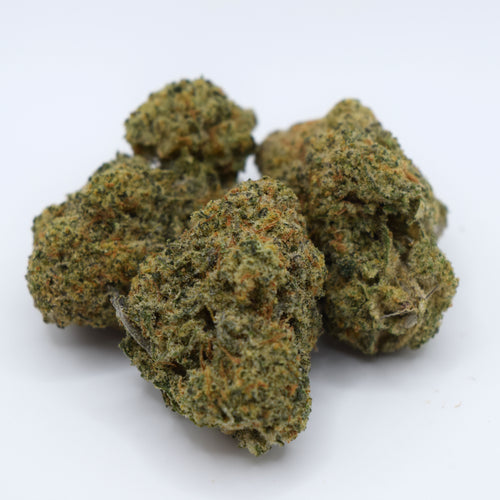 MAC 1 Exotic THCa flower with dense frosted buds and a creamy citrus, floral, pine, earthy, and funky resin aroma profile.