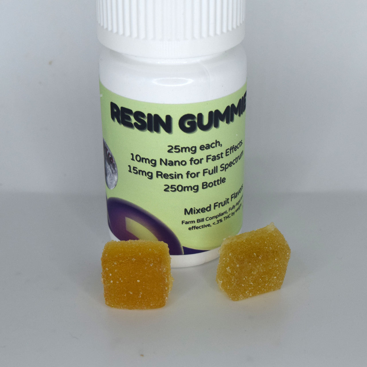Mixed-flavor nano and live resin gummies featuring 25mg cannabinoids per piece with organic gelatin and natural flavoring.