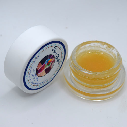 A small clear jar filled with golden yellow wax or resin next to its white lid, which features a colorful circular label reading 'Super Sticky'.