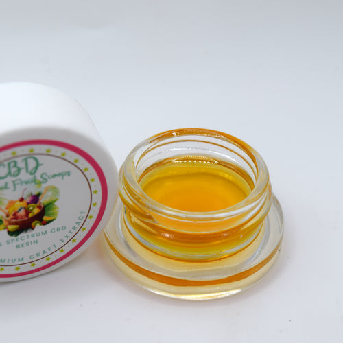 An open clear glass jar filled with golden amber resin, shown next to its white lid which features a colorful label for 'CBD Gummy Scops' on a plain white background.