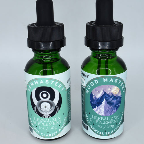 Two green glass dropper bottles of herbal zen supplements on a light gray background. The left bottle is labeled 'ZENMASTERY Herbal Zen Supplement' with a black and white yin-yang graphic on a mint green label.