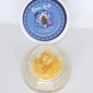 Kosmic Kush THCa live resin FSE showing caviar sugar texture with terpene-rich crystalline sauce.
