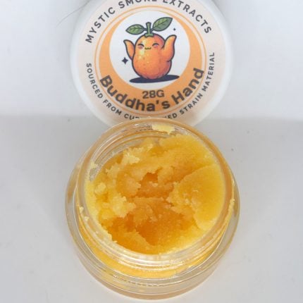 Mystic Smoke cured resin bulk extract in 1oz jar showing light amber multi-strain concentrate texture.
