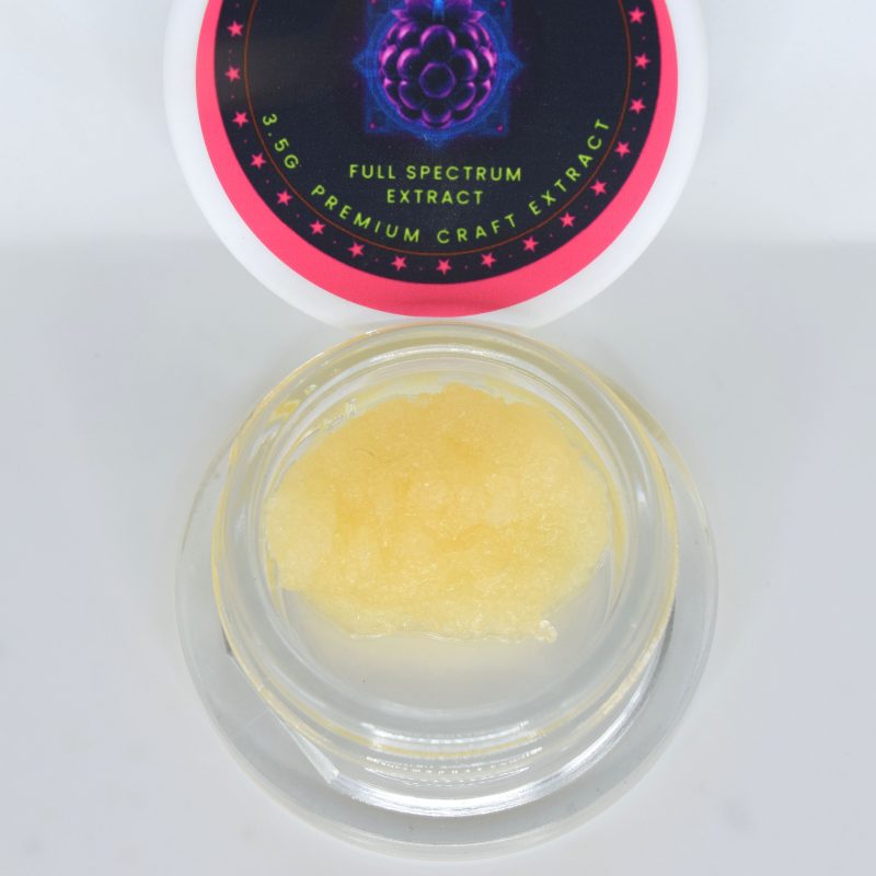 Blockberry mixed strain THCa full spectrum extract showing golden terpene-rich consistency with berry and citrus aroma profile.