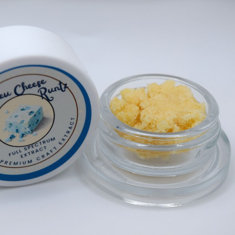 Bleu Cheese Runtz full spectrum crumble with golden extract texture and sweet berry cheese funk aroma profile.