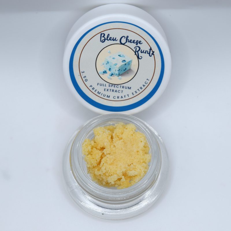 Bleu Cheese Runtz full spectrum crumble with golden extract texture and sweet berry cheese funk aroma profile.