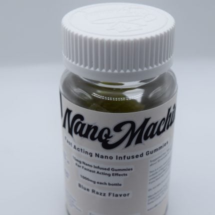 Nanomachine 15mg nano Delta-9 gummy in a bright blue raspberry flavor with sweet berry candy, tart citrus, and sour sugar notes.