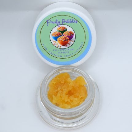 Fruity Pebbles THCa Live Resin with golden terpene-rich texture and sweet berry, tropical fruit, citrus, and fruity cereal aroma profile.