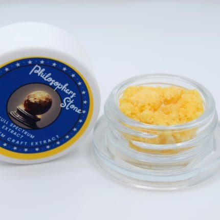 Philosopher’s Stone THCa Mixed Full Spectrum Extract with golden amber texture and layered berry, citrus, tropical fruit, pine, resin, earth, and gas profile.